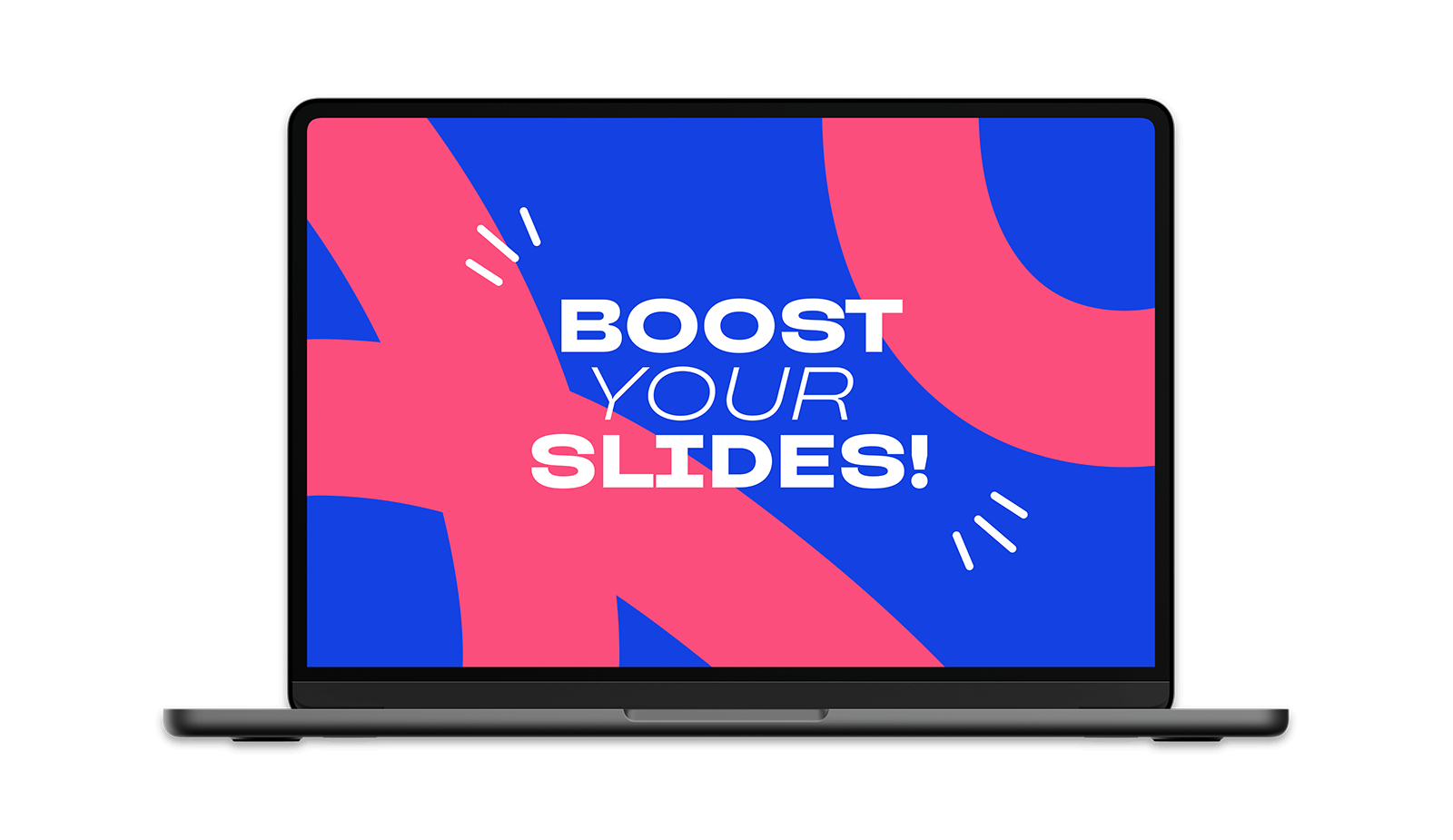 PowerPoint-Folie mit blauem Hintergrund und rosa Linien steht "Boost your Slides"